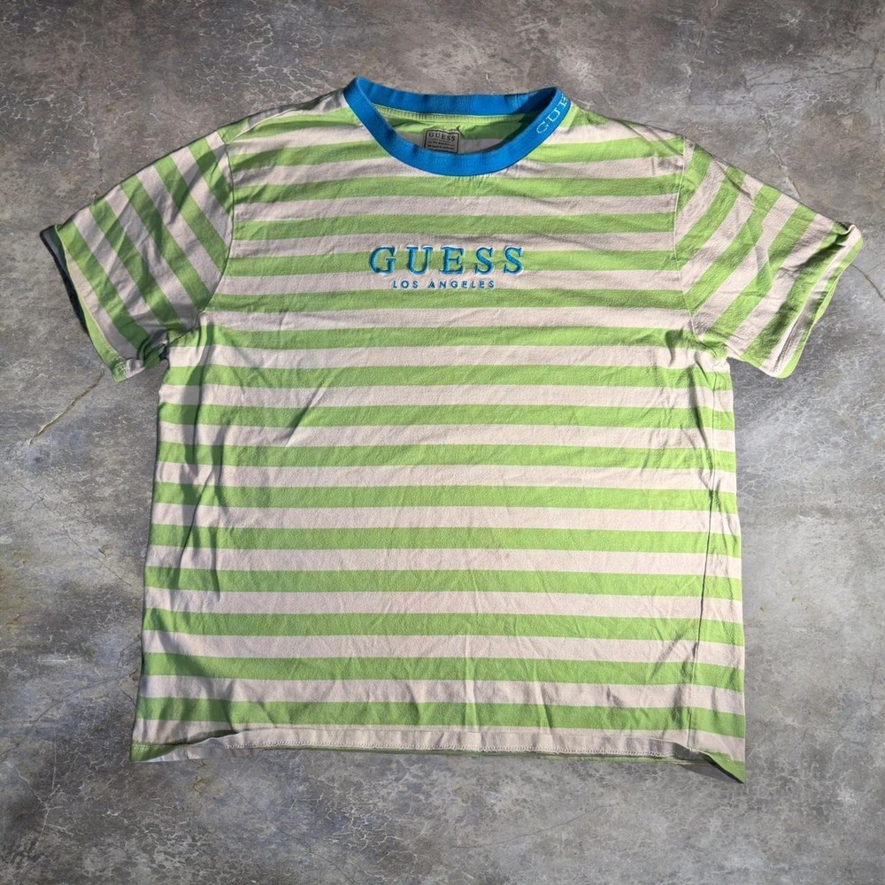 Guess Los Angeles Mens Y2K Striped T-Shirt Green White Blue Logo Large